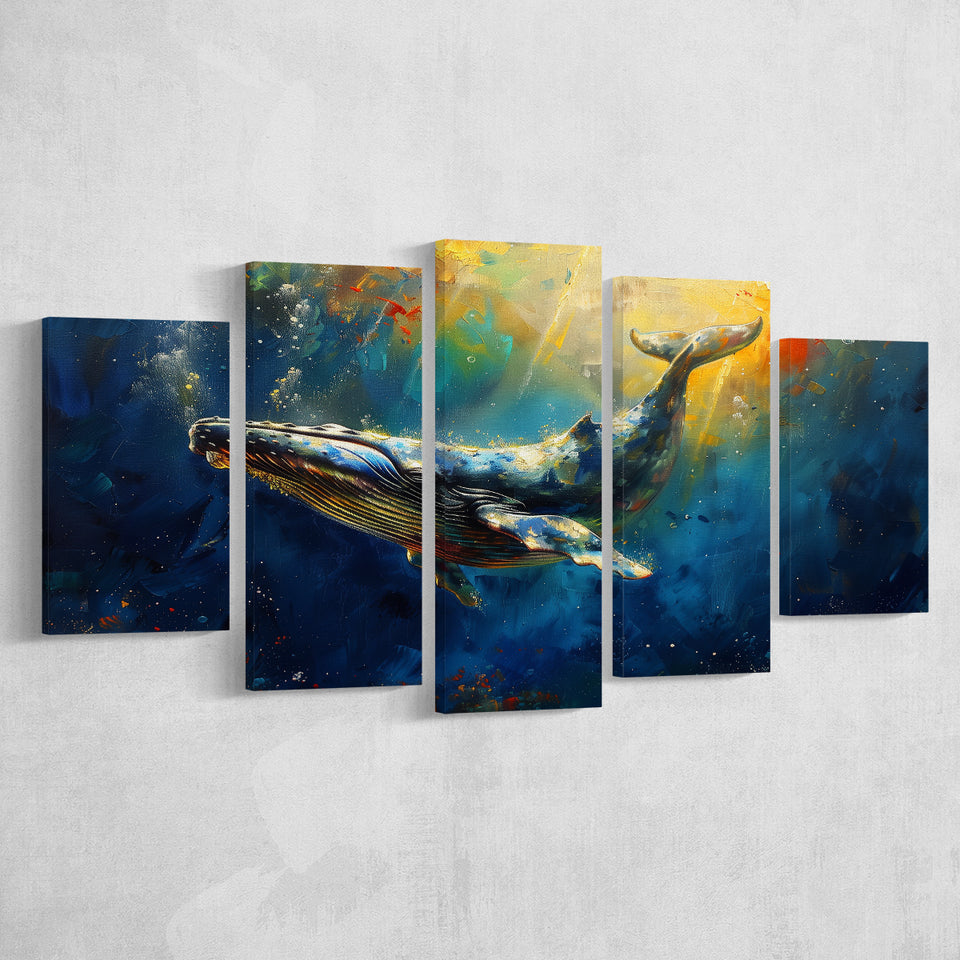 Whale In The Sea Ocean Oil Painting, Multi Panel,Mixed Canvas Print Wall Art Decor