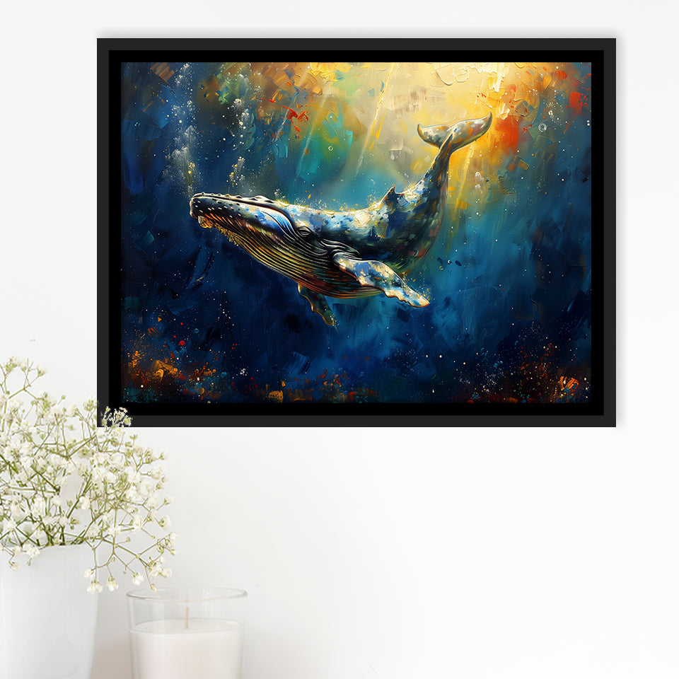 Whale In The Sea Ocean Oil Painting, Floating Frame, Framed Canvas Print Wall Art Home Decor