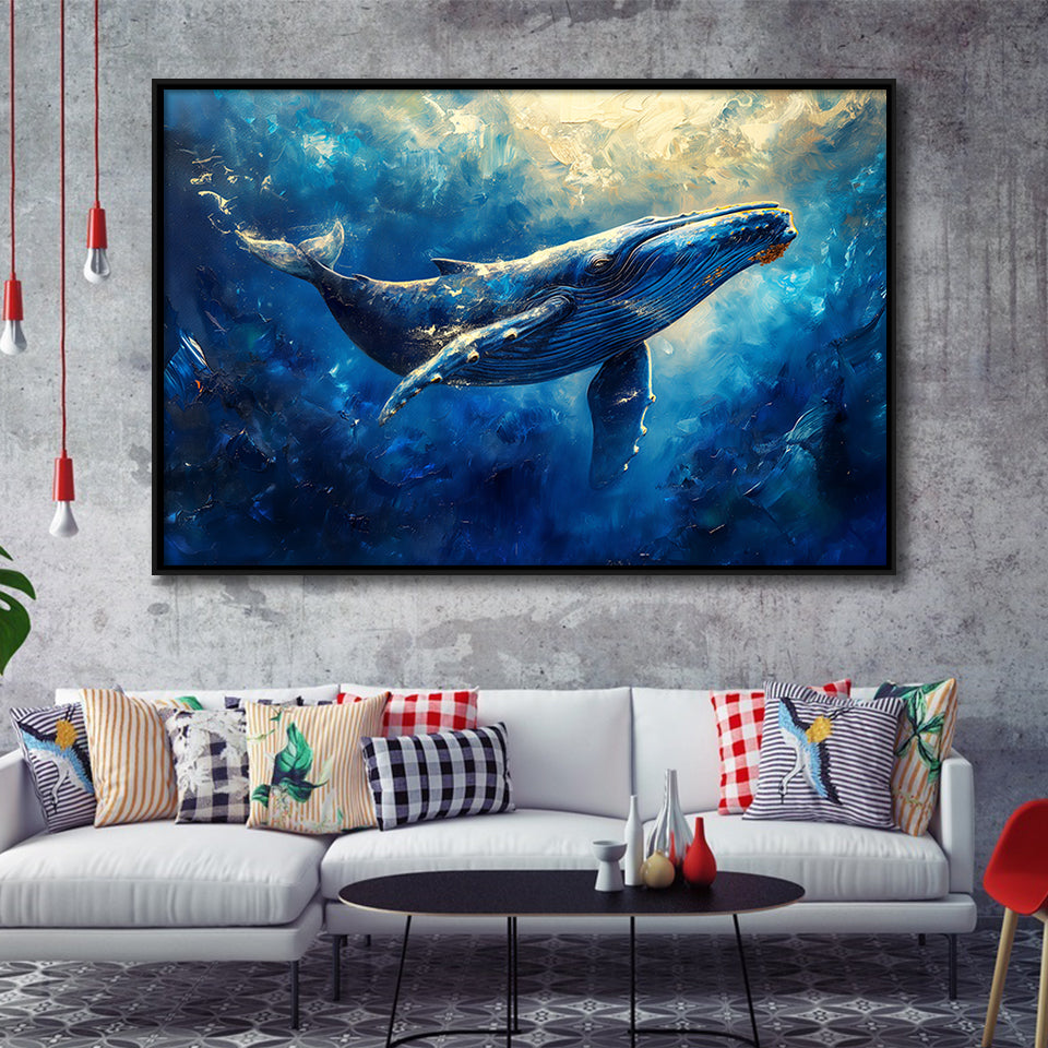 Whale In The Sea Ocean Sunlight Acrylic Painting, Floating Frame, Framed Canvas Print Wall Art Home Decor