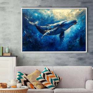 Whale In The Sea Ocean Sunlight Acrylic Painting, Floating Frame, Framed Canvas Print Wall Art Home Decor