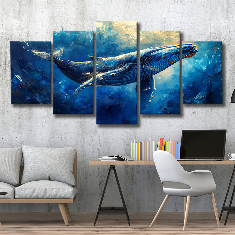Whale In The Sea Ocean Sunlight Acrylic Painting, Multi Panel,Mixed Canvas Print Wall Art Decor
