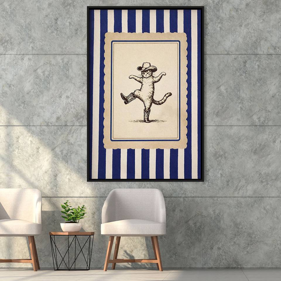 Whimsical Dancing Cowboy Cat, Funny Western Nursery Art, Retro Striped Cat Lover Gift Idea, Framed Canvas Print, Floating Frame