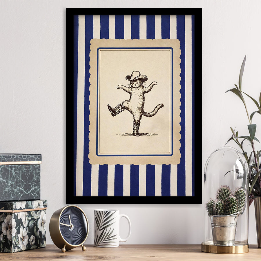 Whimsical Dancing Cowboy Cat, Funny Western Nursery Art, Retro Striped Cat Lover Gift Idea, Framed Art Print, Fine Art Wall Decor
