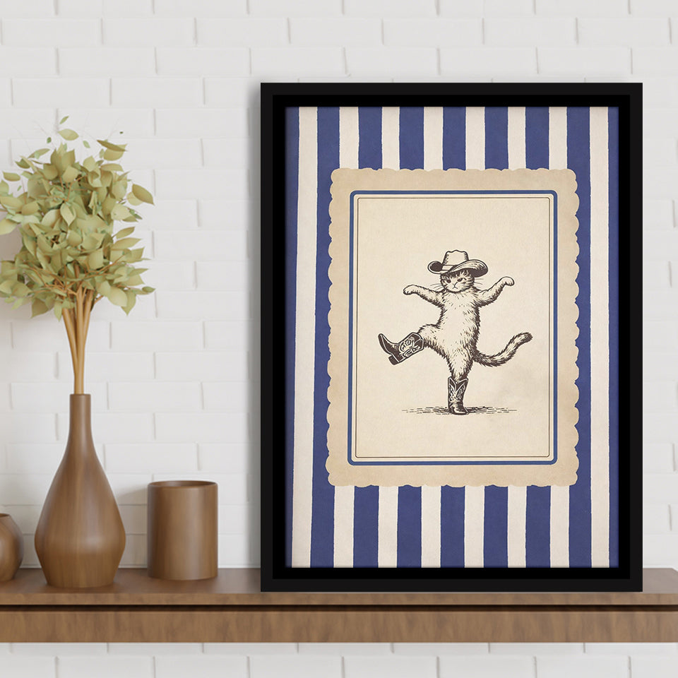 Whimsical Dancing Cowboy Cat, Funny Western Nursery Art, Retro Striped Cat Lover Gift Idea, Framed Canvas Print, Floating Frame
