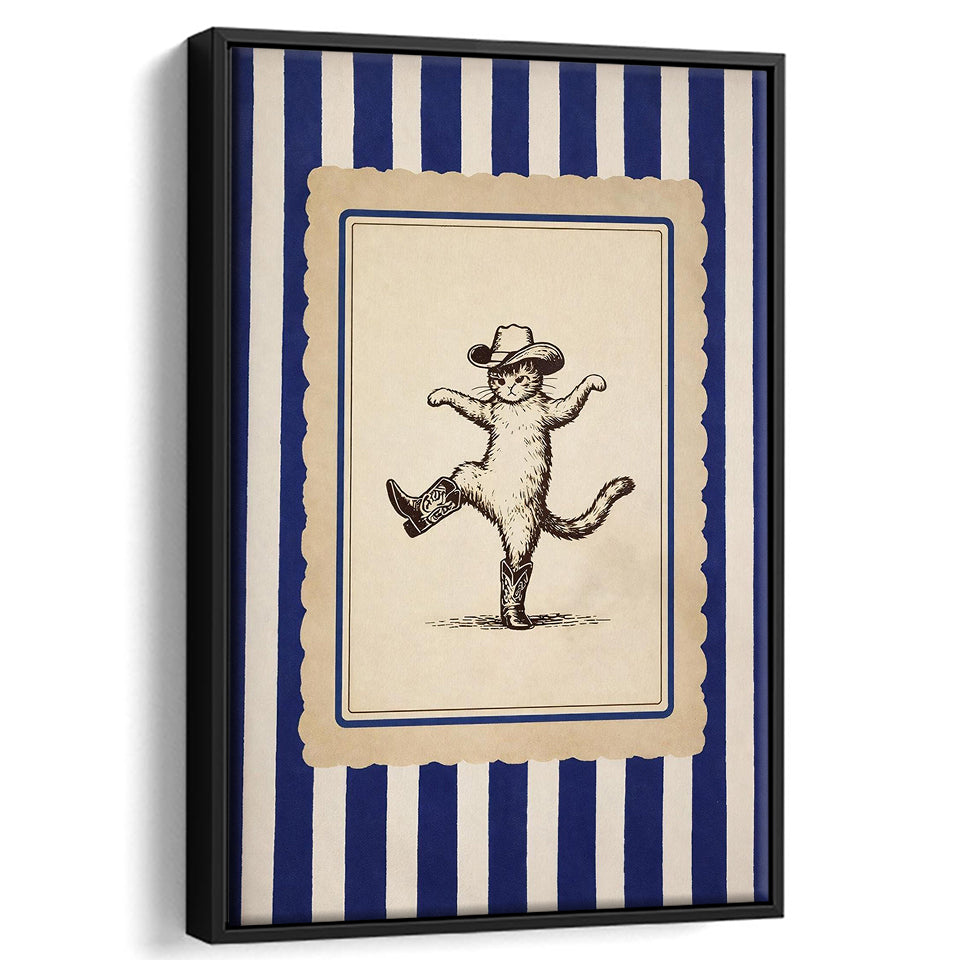 Whimsical Dancing Cowboy Cat, Funny Western Nursery Art, Retro Striped Cat Lover Gift Idea, Framed Canvas Print, Floating Frame