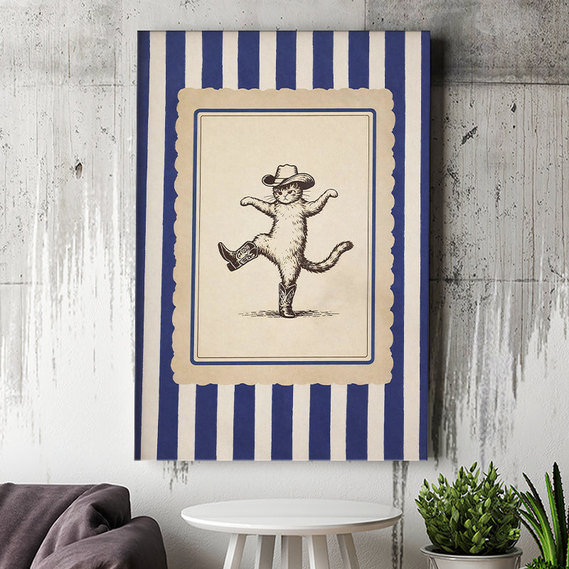 Whimsical Dancing Cowboy Cat, Funny Western Nursery Art, Retro Striped Cat Lover Gift Idea, Canvas Print Wall Art, Wall Decor