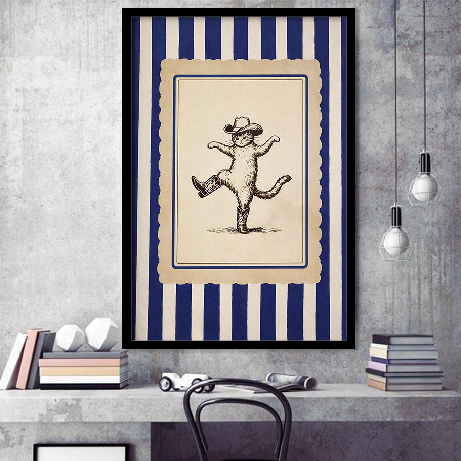 Whimsical Dancing Cowboy Cat, Funny Western Nursery Art, Retro Striped Cat Lover Gift Idea, Framed Art Print, Fine Art Wall Decor