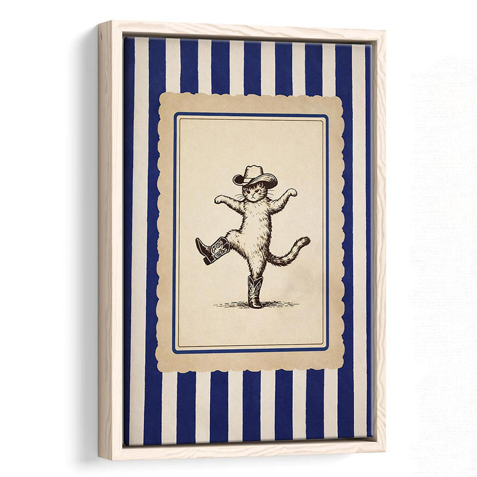 Whimsical Dancing Cowboy Cat, Funny Western Nursery Art, Retro Striped Cat Lover Gift Idea, Framed Canvas Print, Floating Frame