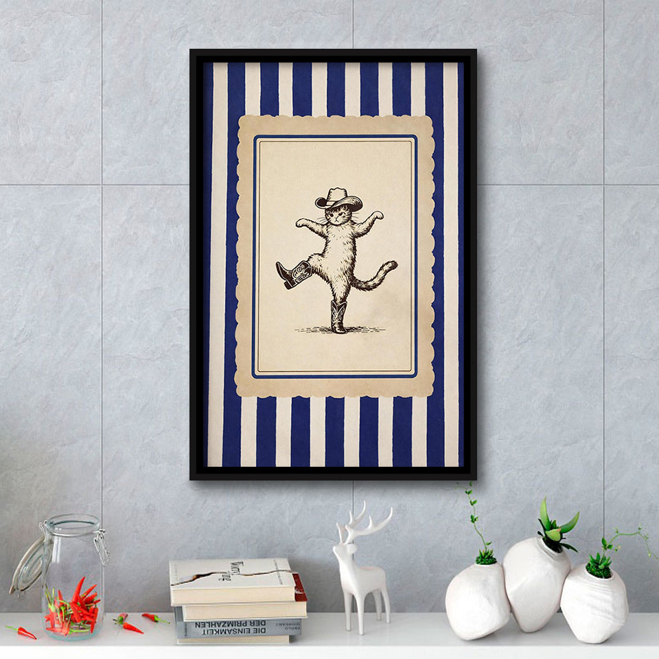 Whimsical Dancing Cowboy Cat, Funny Western Nursery Art, Retro Striped Cat Lover Gift Idea, Framed Canvas Print, Floating Frame