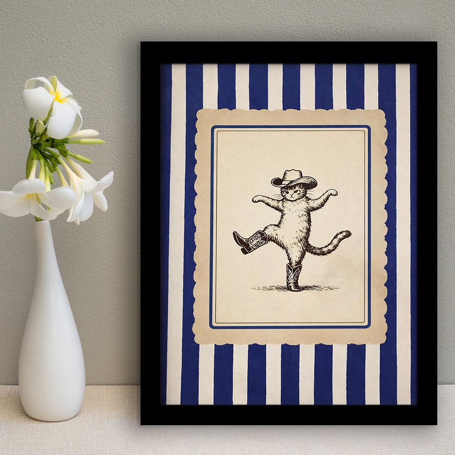 Whimsical Dancing Cowboy Cat, Funny Western Nursery Art, Retro Striped Cat Lover Gift Idea, Framed Art Print, Fine Art Wall Decor