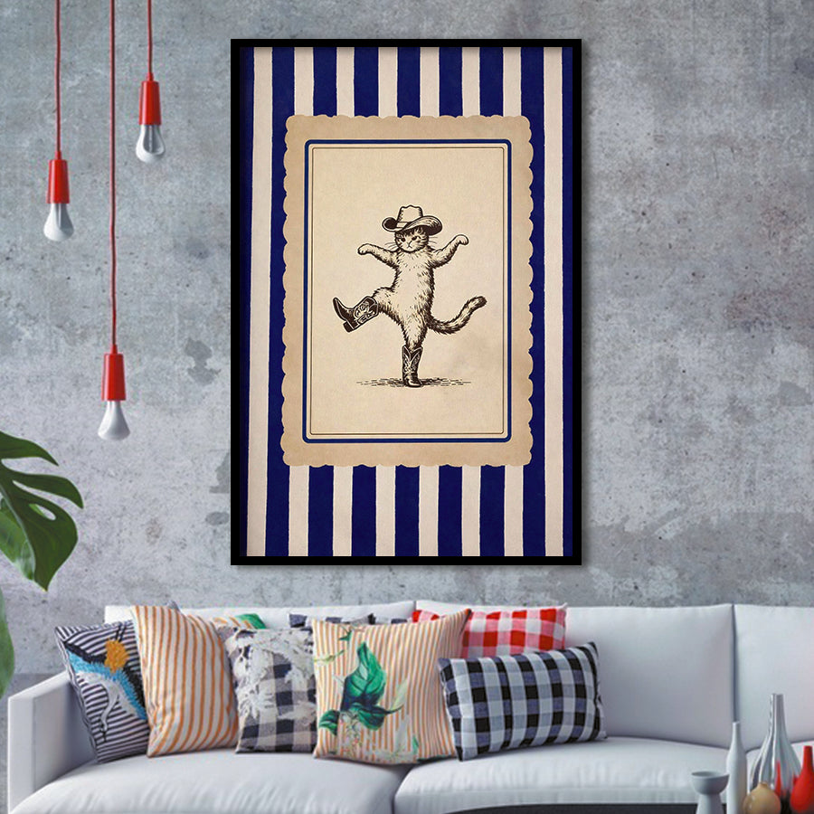 Whimsical Dancing Cowboy Cat, Funny Western Nursery Art, Retro Striped Cat Lover Gift Idea, Framed Art Print, Fine Art Wall Decor