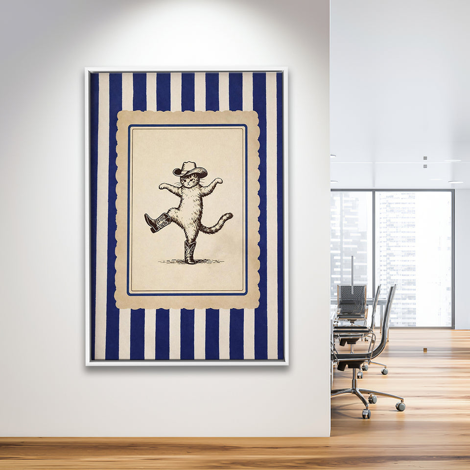 Whimsical Dancing Cowboy Cat, Funny Western Nursery Art, Retro Striped Cat Lover Gift Idea, Framed Canvas Print, Floating Frame