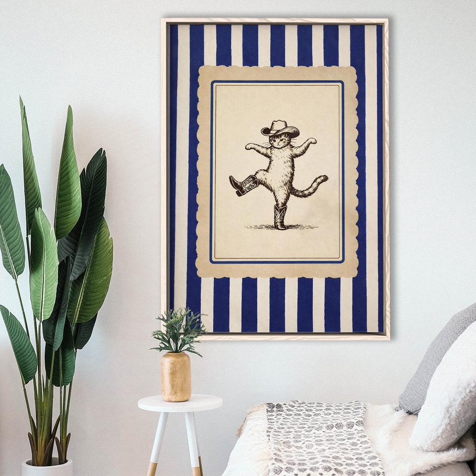 Whimsical Dancing Cowboy Cat, Funny Western Nursery Art, Retro Striped Cat Lover Gift Idea, Framed Canvas Print, Floating Frame