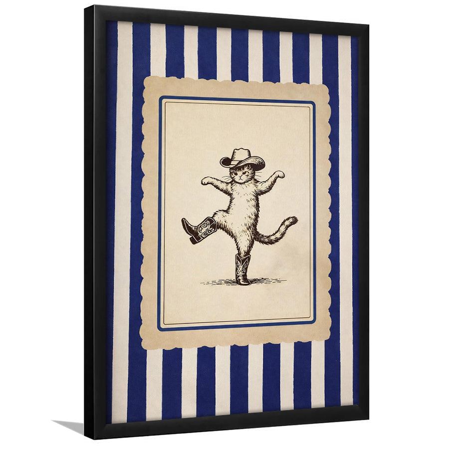 Whimsical Dancing Cowboy Cat, Funny Western Nursery Art, Retro Striped Cat Lover Gift Idea, Framed Art Print, Fine Art Wall Decor