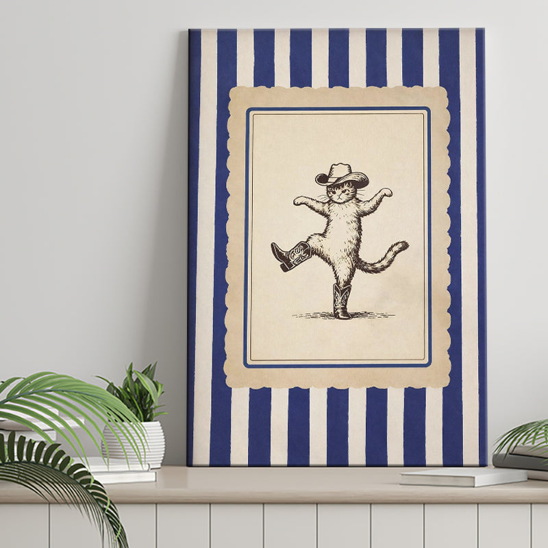 Whimsical Dancing Cowboy Cat, Funny Western Nursery Art, Retro Striped Cat Lover Gift Idea, Canvas Print Wall Art, Wall Decor