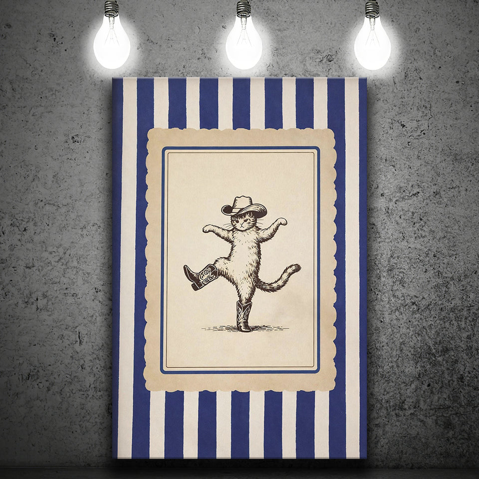 Whimsical Dancing Cowboy Cat, Funny Western Nursery Art, Retro Striped Cat Lover Gift Idea, Canvas Print Wall Art, Wall Decor