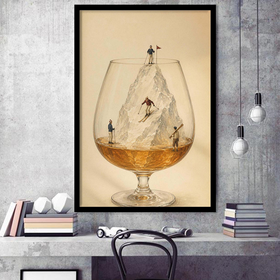 Whiskey Ski, Tiny Skiers Cocktail Framed Wall Art, Ice Mountain Art Print, Framed Art Print, Fine Art Wall Decor