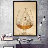 Whiskey Ski, Tiny Skiers Cocktail Framed Wall Art, Ice Mountain Art Print, Framed Art Print, Fine Art Wall Decor