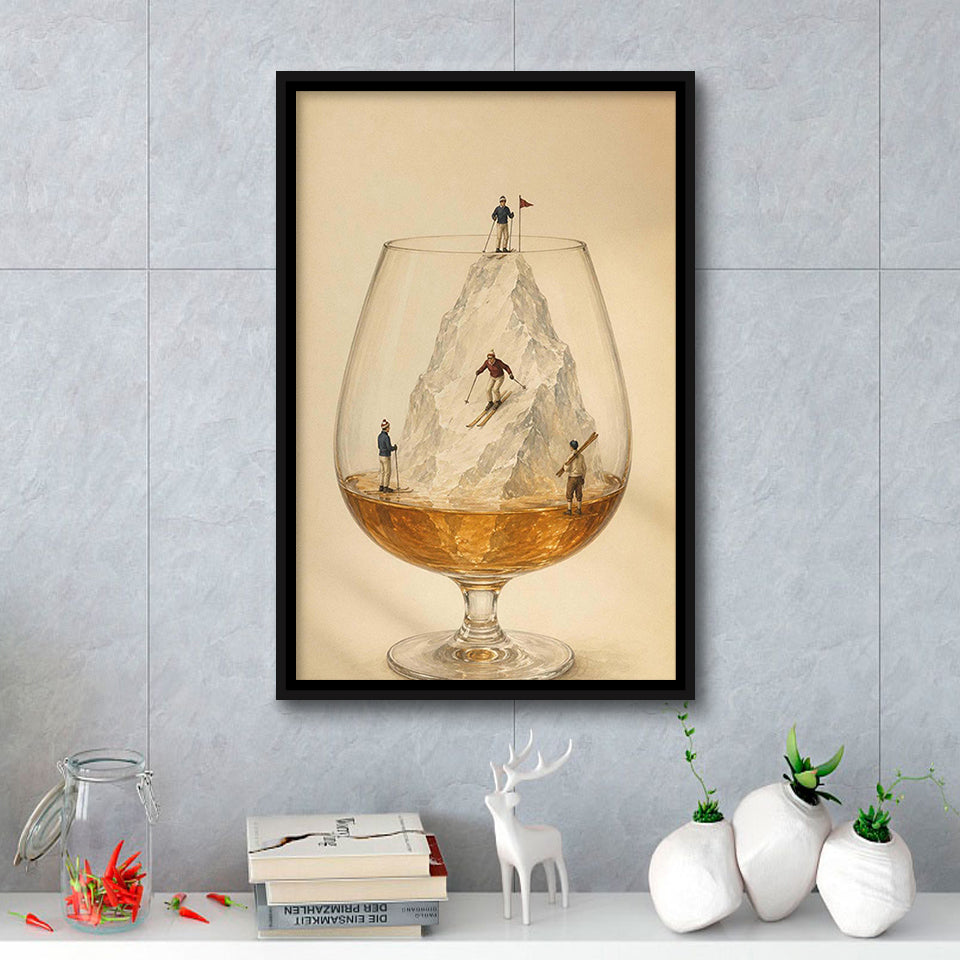Whiskey Ski, Tiny Skiers Cocktail Framed Wall Art, Ice Mountain Art Print, Framed Canvas Print, Floating Frame