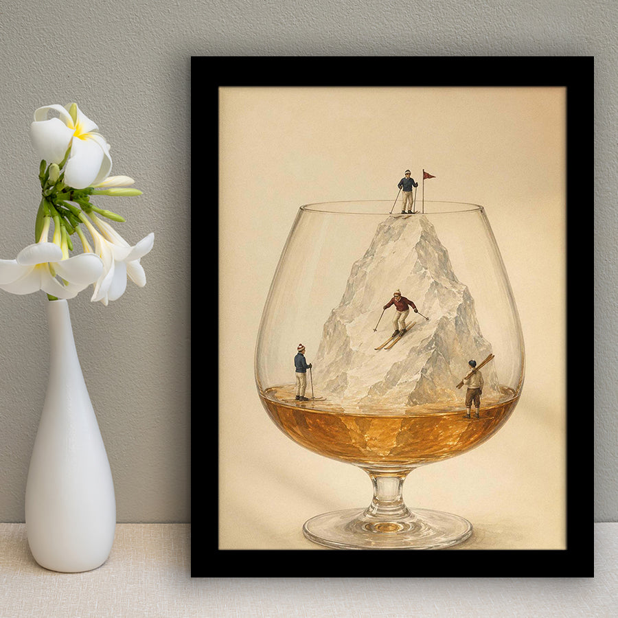 Whiskey Ski, Tiny Skiers Cocktail Framed Wall Art, Ice Mountain Art Print, Framed Art Print, Fine Art Wall Decor