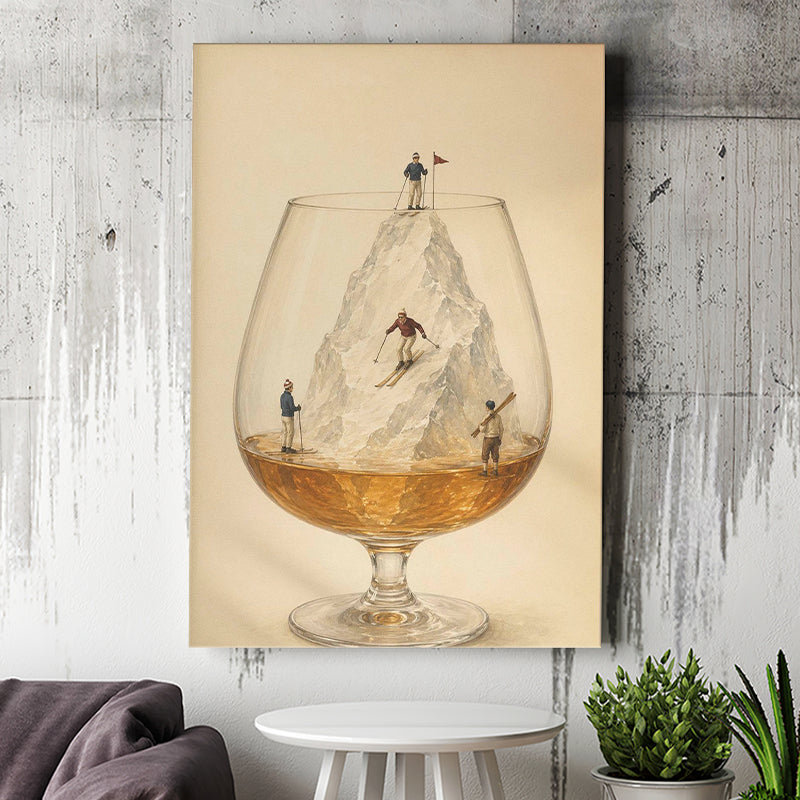 Whiskey Ski, Tiny Skiers Cocktail Framed Wall Art, Ice Mountain Art Print, Canvas Print Wall Art, Wall Decor