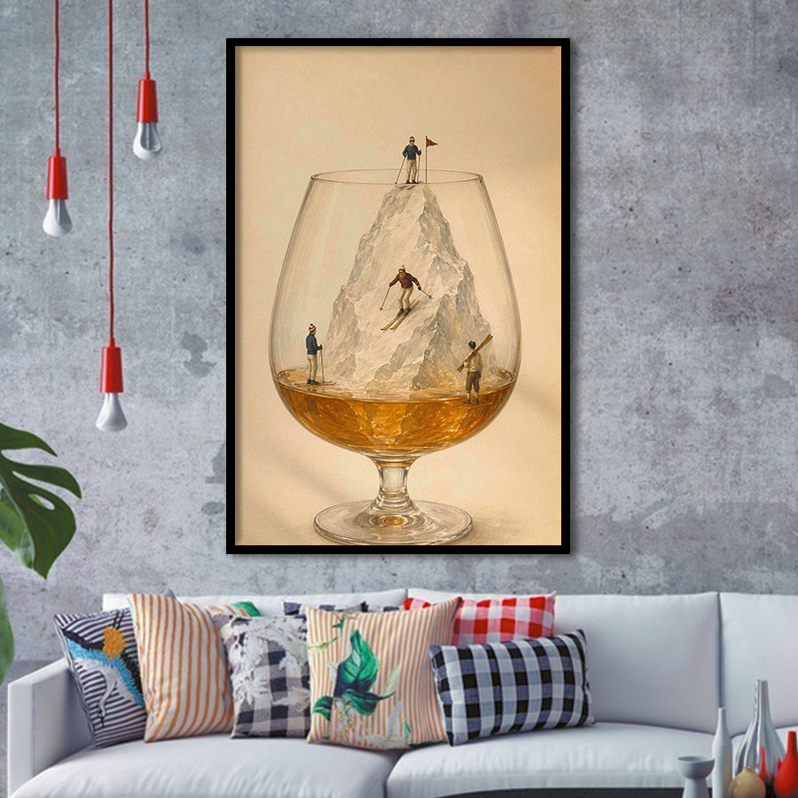 Whiskey Ski, Tiny Skiers Cocktail Framed Wall Art, Ice Mountain Art Print, Framed Art Print, Fine Art Wall Decor
