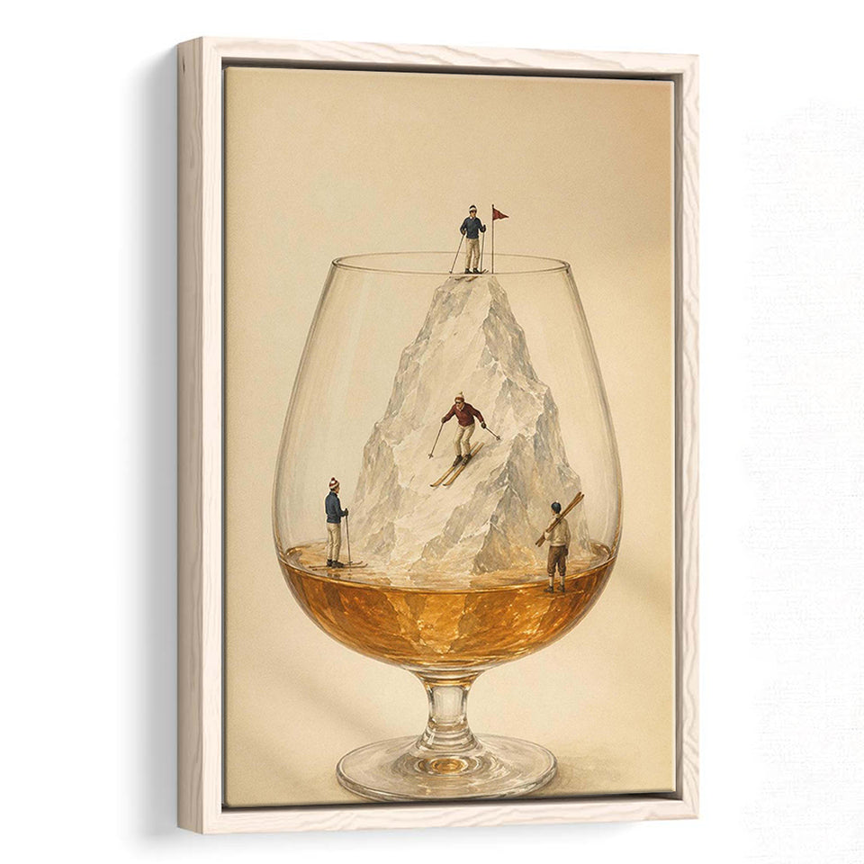 Whiskey Ski, Tiny Skiers Cocktail Framed Wall Art, Ice Mountain Art Print, Framed Canvas Print, Floating Frame