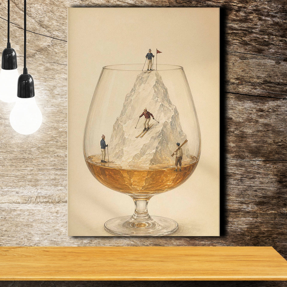 Whiskey Ski, Tiny Skiers Cocktail Framed Wall Art, Ice Mountain Art Print, Canvas Print Wall Art, Wall Decor