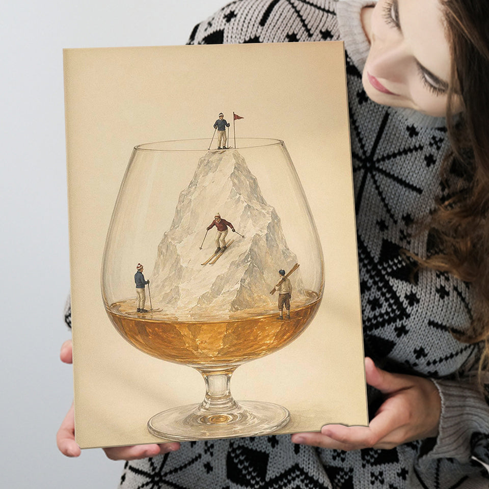 Whiskey Ski, Tiny Skiers Cocktail Framed Wall Art, Ice Mountain Art Print, Canvas Print Wall Art, Wall Decor