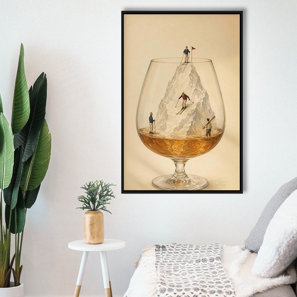 Whiskey Ski, Tiny Skiers Cocktail Framed Wall Art, Ice Mountain Art Print, Framed Canvas Print, Floating Frame