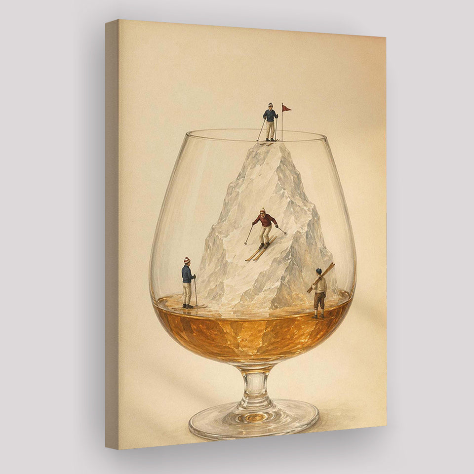 Whiskey Ski, Tiny Skiers Cocktail Framed Wall Art, Ice Mountain Art Print, Canvas Print Wall Art, Wall Decor