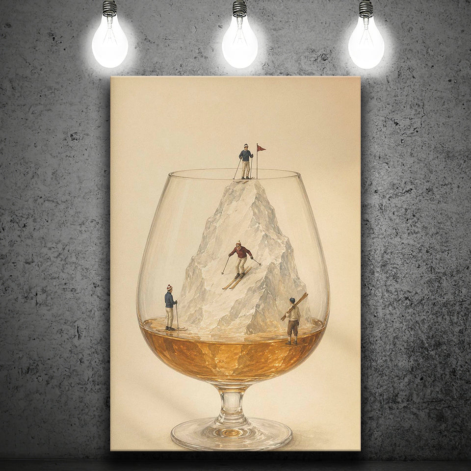 Whiskey Ski, Tiny Skiers Cocktail Framed Wall Art, Ice Mountain Art Print, Canvas Print Wall Art, Wall Decor