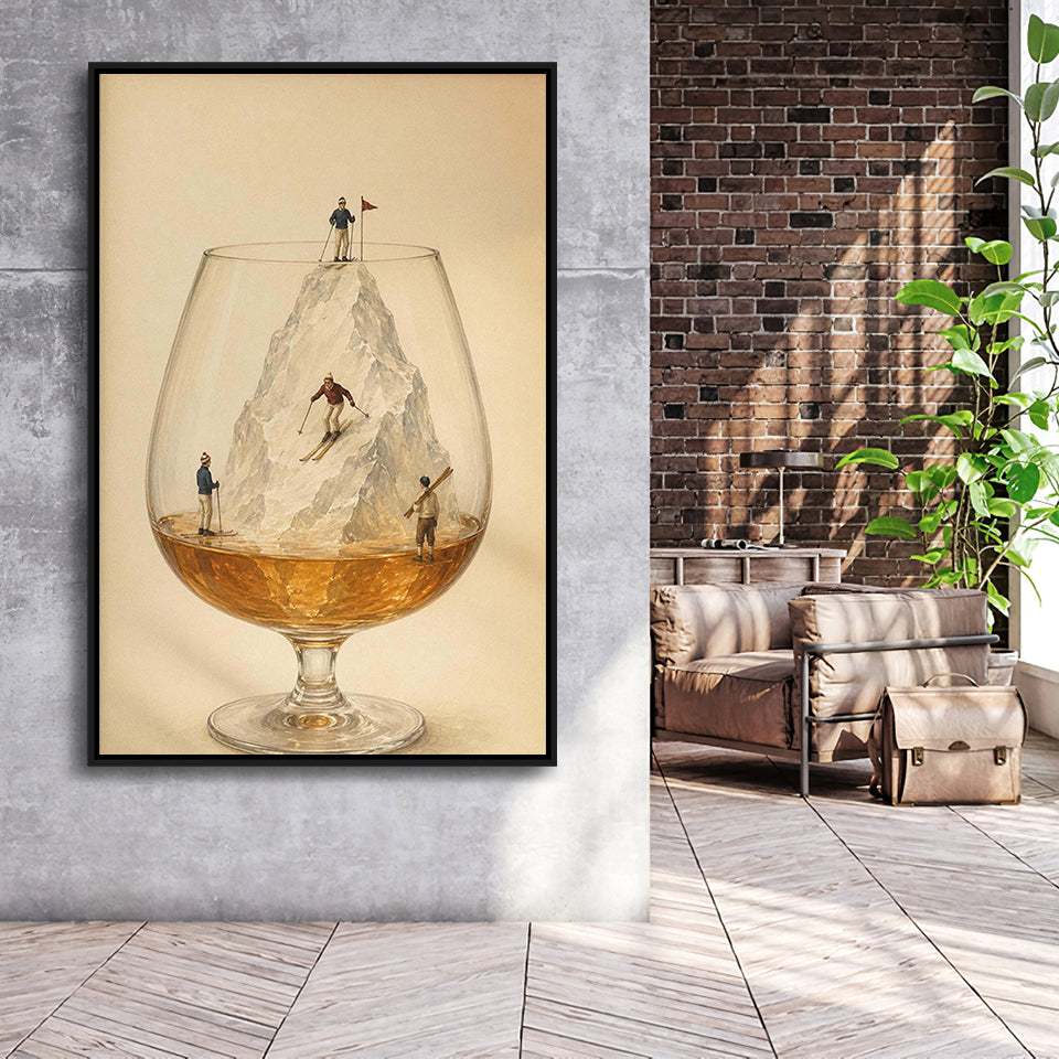 Whiskey Ski, Tiny Skiers Cocktail Framed Wall Art, Ice Mountain Art Print, Framed Canvas Print, Floating Frame