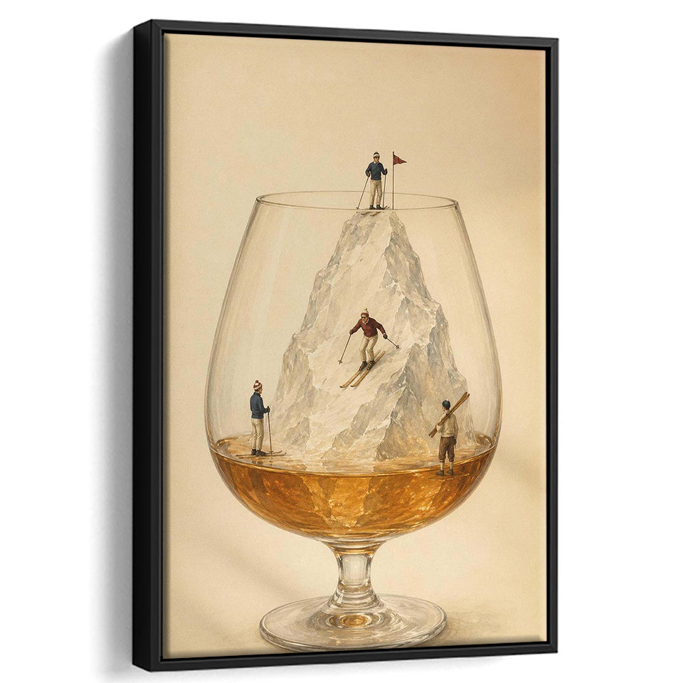 Whiskey Ski, Tiny Skiers Cocktail Framed Wall Art, Ice Mountain Art Print, Framed Canvas Print, Floating Frame
