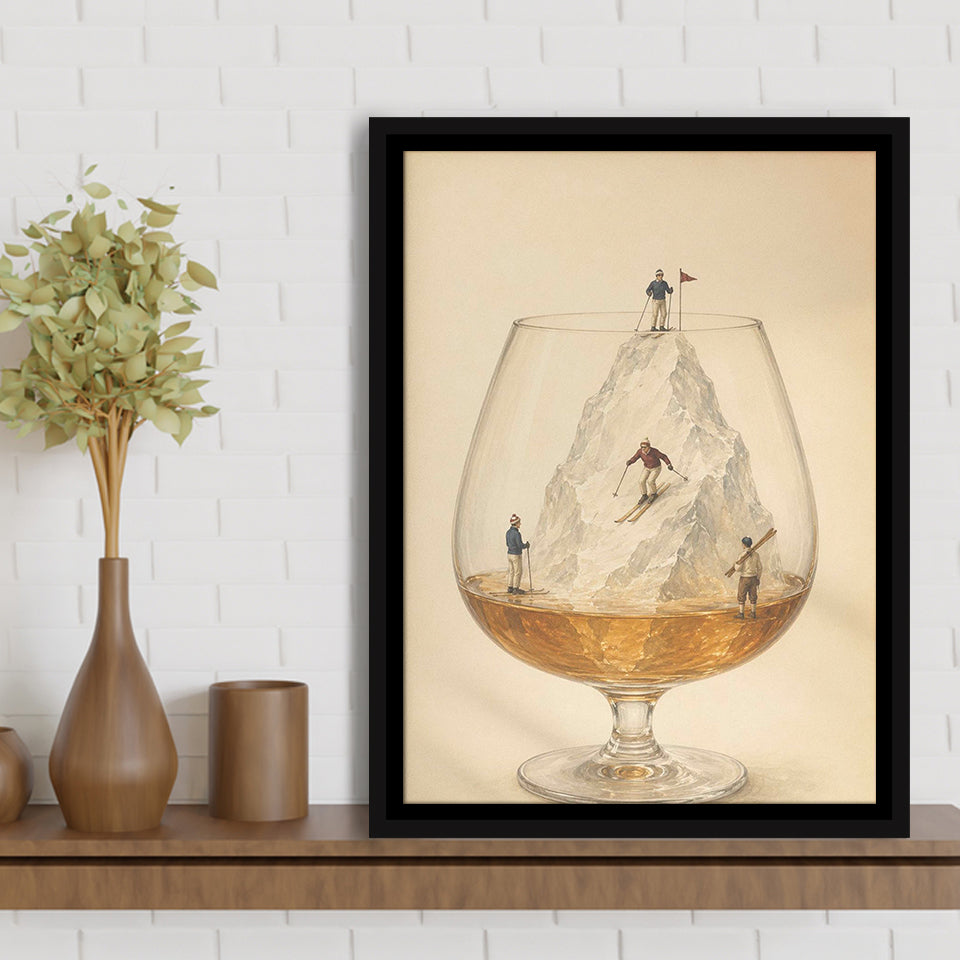 Whiskey Ski, Tiny Skiers Cocktail Framed Wall Art, Ice Mountain Art Print, Framed Canvas Print, Floating Frame