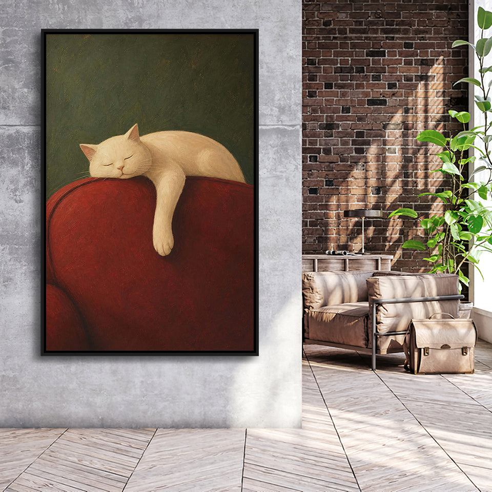 White Cat Red Chair, Cozy Living Room Wall Art, Sleeping Cat Print, Framed Canvas Print, Floating Frame