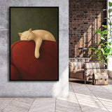 White Cat Red Chair, Cozy Living Room Wall Art, Sleeping Cat Print, Framed Canvas Print, Floating Frame