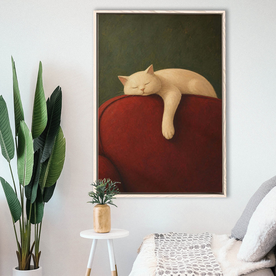 White Cat Red Chair, Cozy Living Room Wall Art, Sleeping Cat Print, Framed Canvas Print, Floating Frame