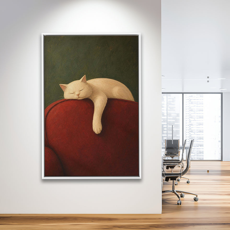 White Cat Red Chair, Cozy Living Room Wall Art, Sleeping Cat Print, Framed Canvas Print, Floating Frame