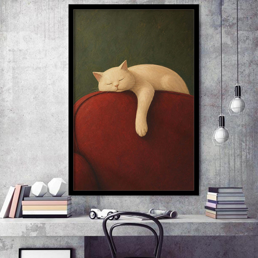 White Cat Red Chair, Cozy Living Room Wall Art, Sleeping Cat Print, Framed Art Print, Fine Art Wall Decor