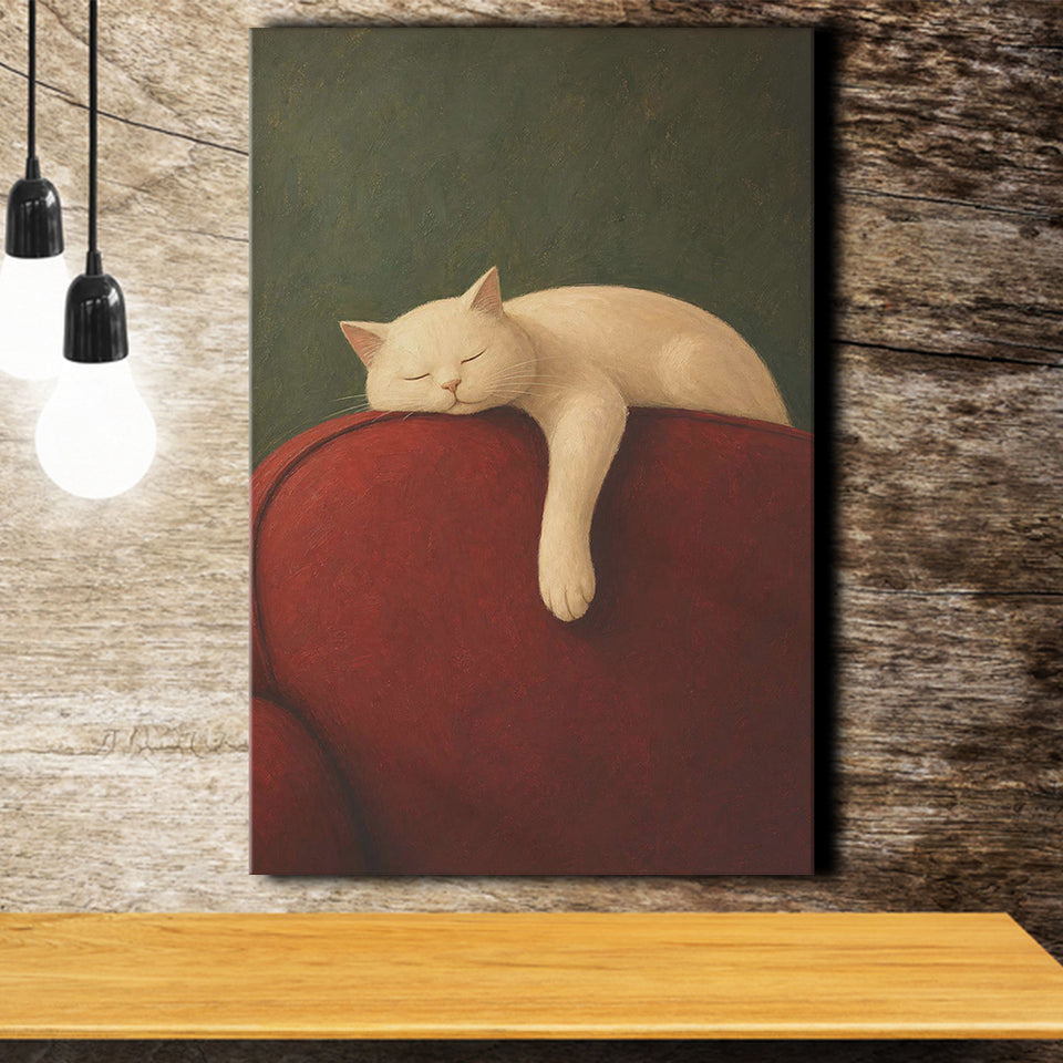 White Cat Red Chair, Cozy Living Room Wall Art, Sleeping Cat Print, Canvas Print Wall Art, Wall Decor