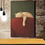 White Cat Red Chair, Cozy Living Room Wall Art, Sleeping Cat Print, Canvas Print Wall Art, Wall Decor