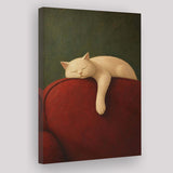 White Cat Red Chair, Cozy Living Room Wall Art, Sleeping Cat Print, Canvas Print Wall Art, Wall Decor