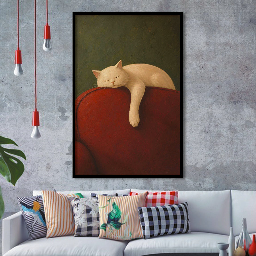 White Cat Red Chair, Cozy Living Room Wall Art, Sleeping Cat Print, Framed Art Print, Fine Art Wall Decor