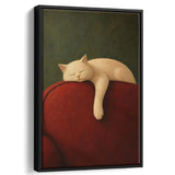 White Cat Red Chair, Cozy Living Room Wall Art, Sleeping Cat Print, Framed Canvas Print, Floating Frame