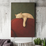 White Cat Red Chair, Cozy Living Room Wall Art, Sleeping Cat Print, Canvas Print Wall Art, Wall Decor