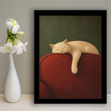 White Cat Red Chair, Cozy Living Room Wall Art, Sleeping Cat Print, Framed Art Print, Fine Art Wall Decor