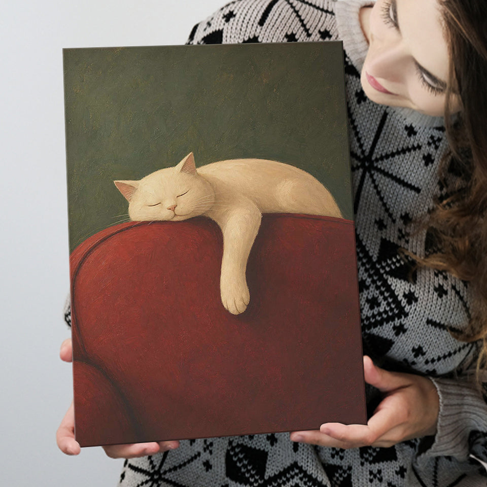 White Cat Red Chair, Cozy Living Room Wall Art, Sleeping Cat Print, Canvas Print Wall Art, Wall Decor