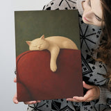 White Cat Red Chair, Cozy Living Room Wall Art, Sleeping Cat Print, Canvas Print Wall Art, Wall Decor