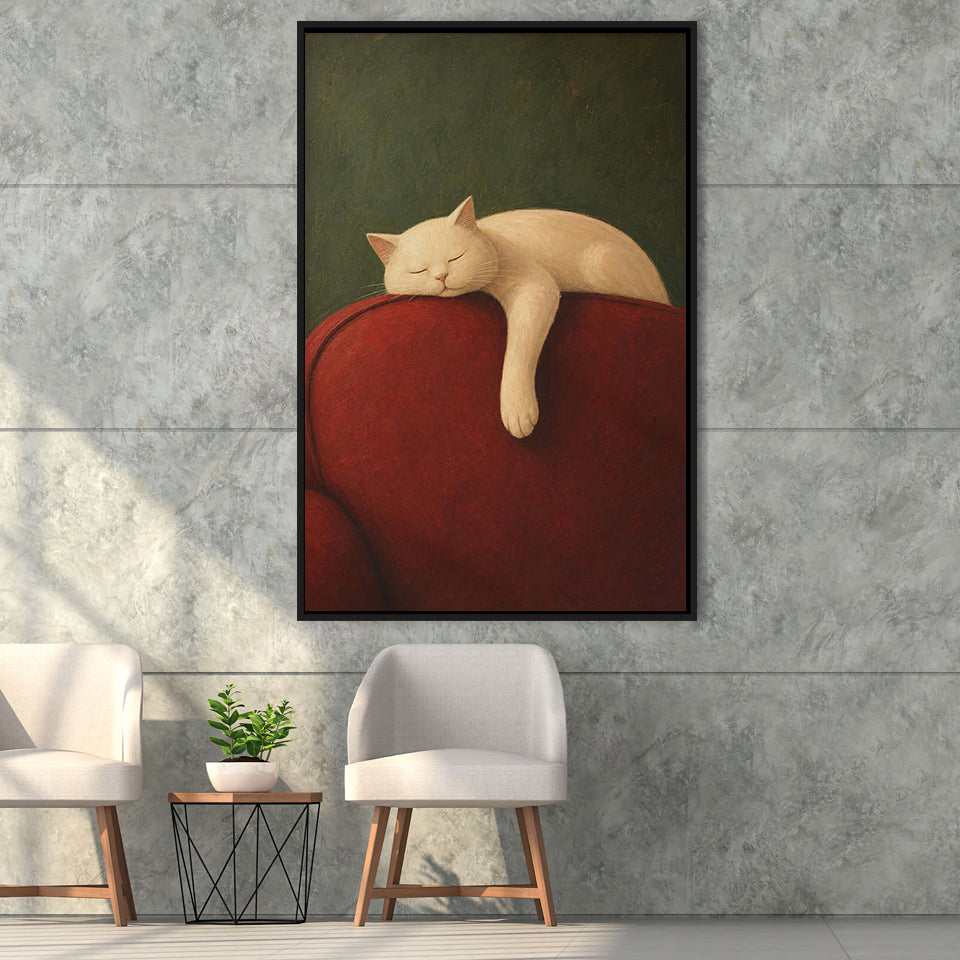 White Cat Red Chair, Cozy Living Room Wall Art, Sleeping Cat Print, Framed Canvas Print, Floating Frame